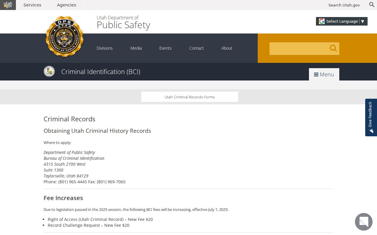 Utah County criminal history BCI Right of Access page