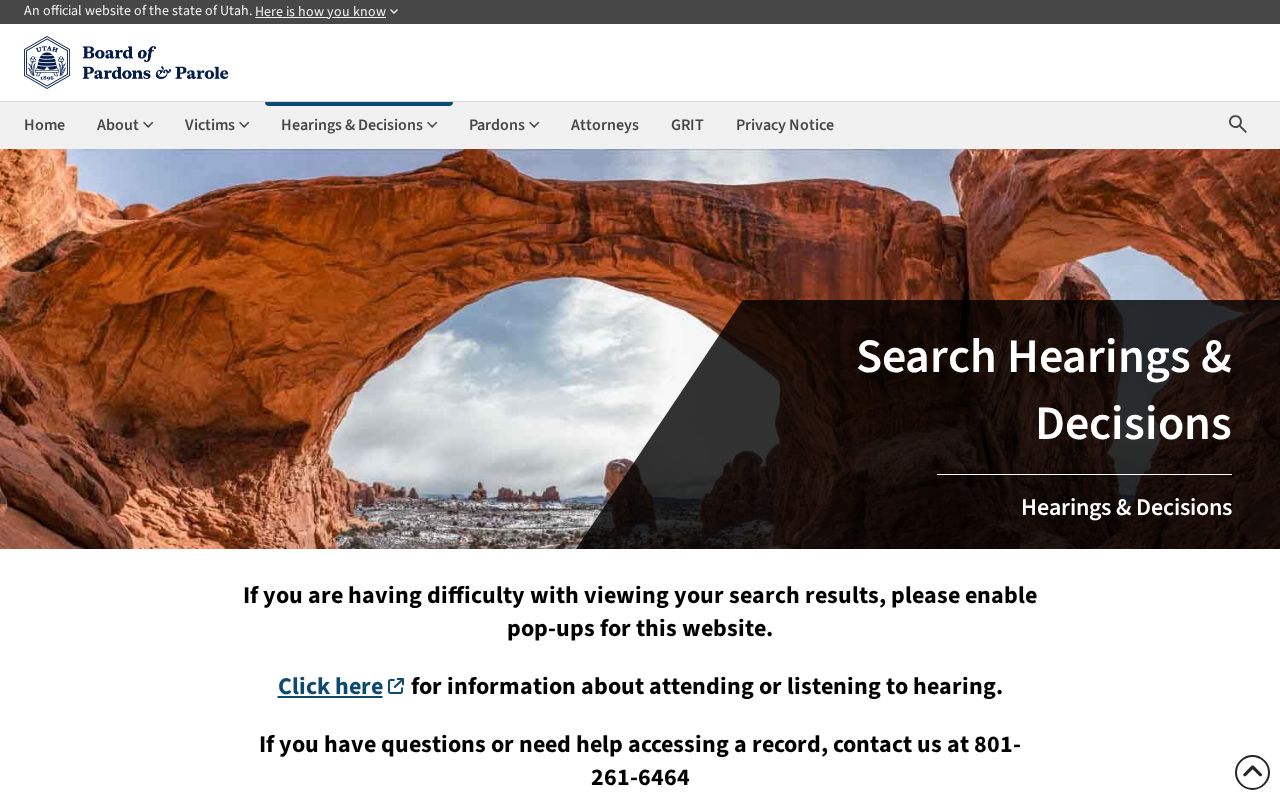 Utah County criminal history parole hearing decision search