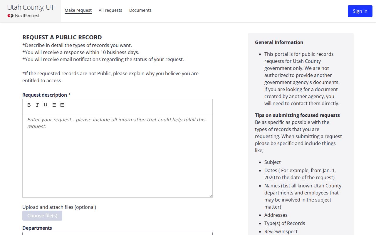 Utah County criminal history NextRequest records form