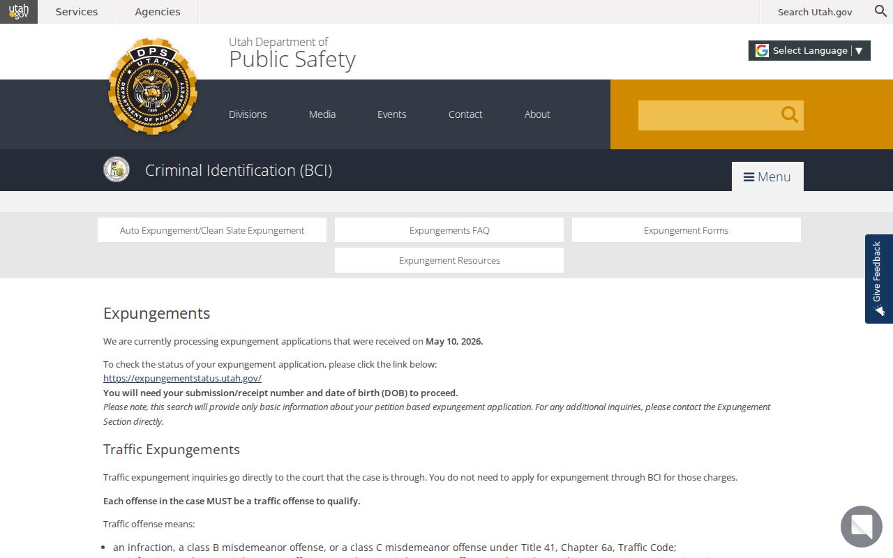Utah County criminal history BCI expungement process