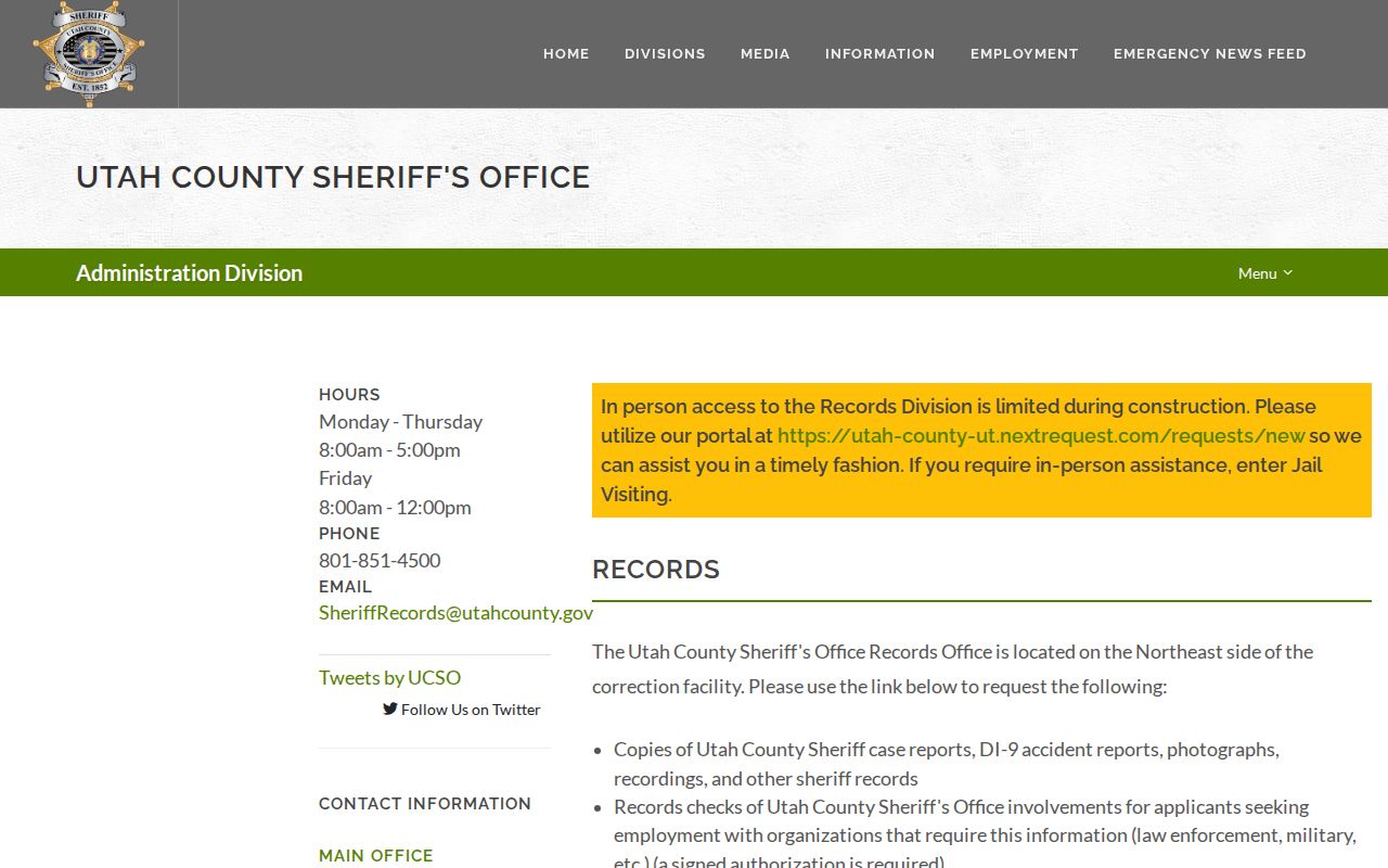 Utah County Sheriff Records Office arrest record request options