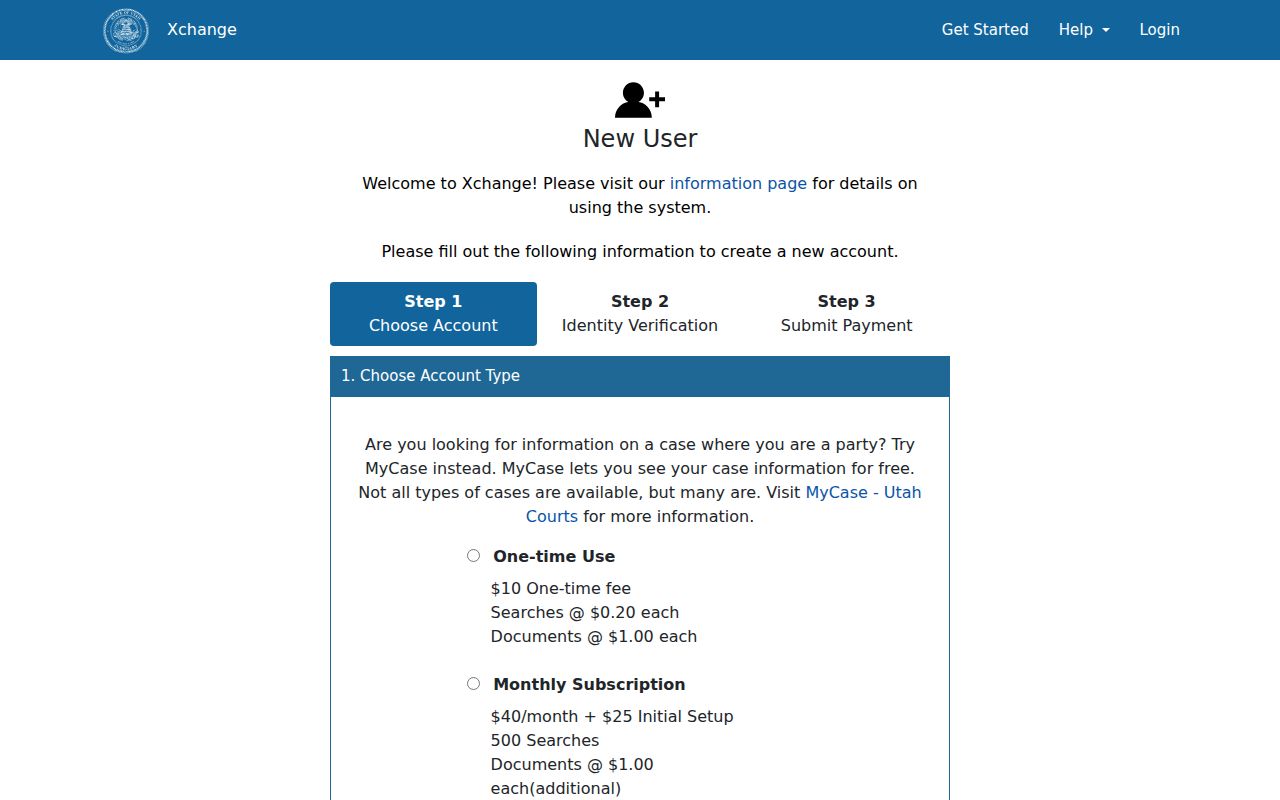 Utah County criminal case Xchange registration and fee screen