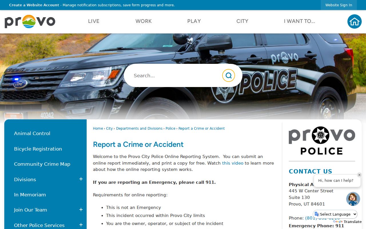 Provo criminal records nonemergency incident reporting page