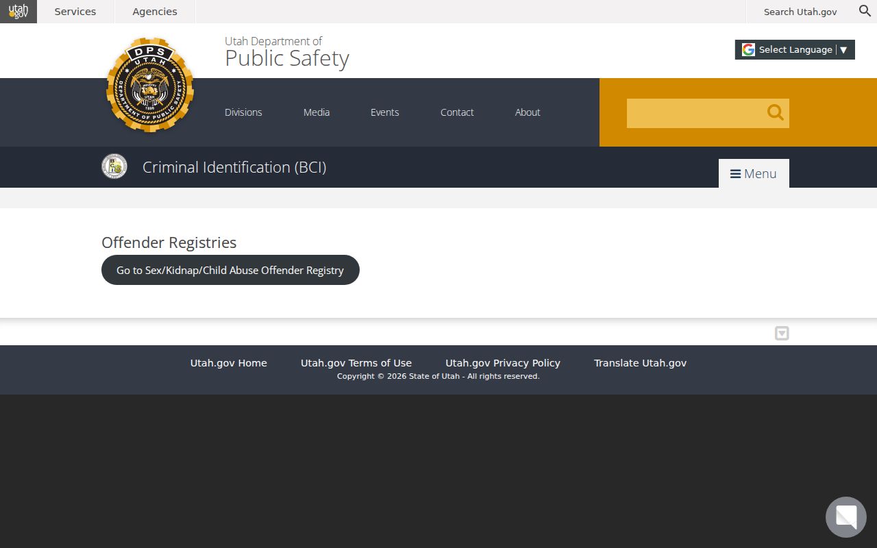 Utah County sex offender registry gateway from Utah BCI